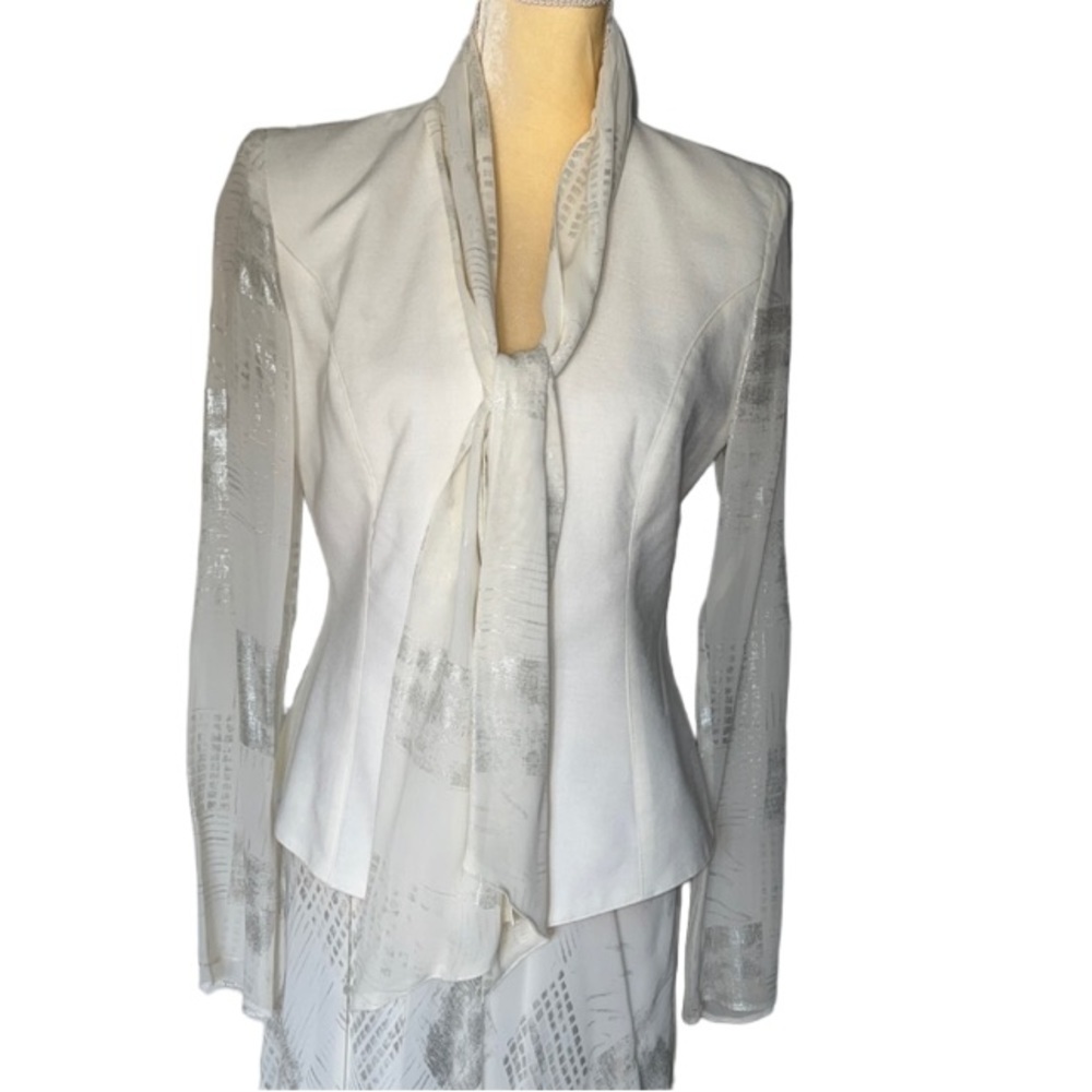 DOROTHY SCHOELEN PLATINUM JACKET  CREAM & SILVER W SHEER SLEEVES  ATTACHED SCARF